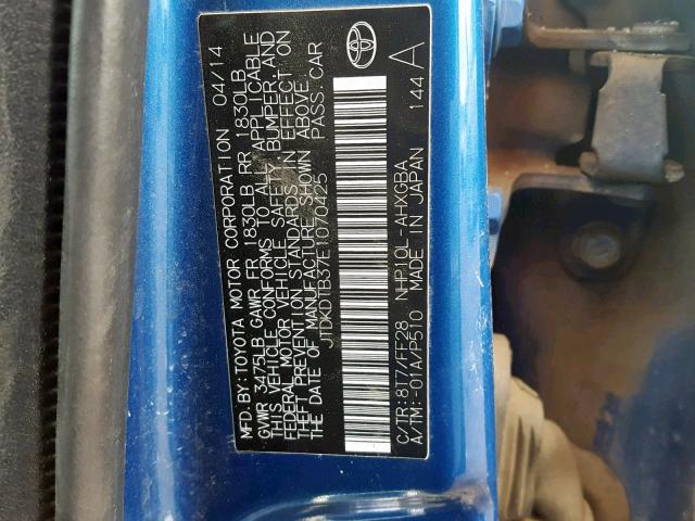 JTDKDTB37E1070425 - 2014 TOYOTA PRIUS C BLUE photo 10