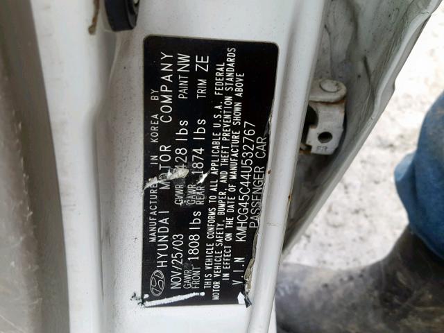 KMHCG45C44U532767 - 2004 HYUNDAI ACCENT GL WHITE photo 10