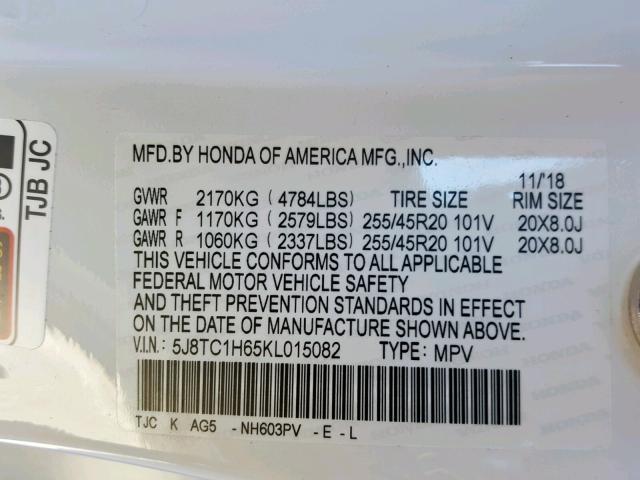 5J8TC1H65KL015082 - 2019 ACURA RDX WHITE photo 10