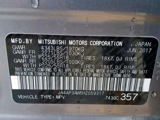 JA4AP3AW6HZ059317 - 2017 MITSUBISHI OUTLANDER CHARCOAL photo 10