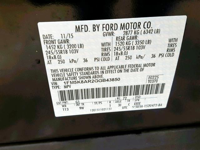 1FM5K8AR2GGB43850 - 2016 FORD EXPLORER P BLACK photo 10