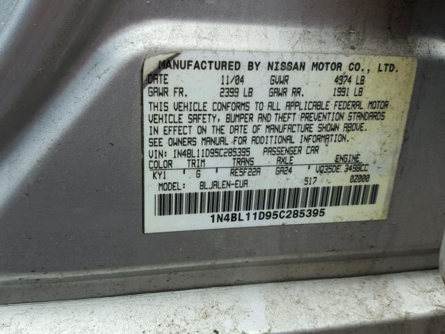 1N4BL11D95C285395 - 2005 NISSAN ALTIMA SE Күміс фото 10
