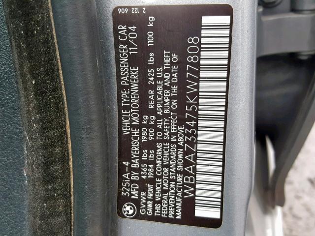 WBAAZ33475KW77808 - 2005 BMW 325 IS SUL CHARCOAL photo 10