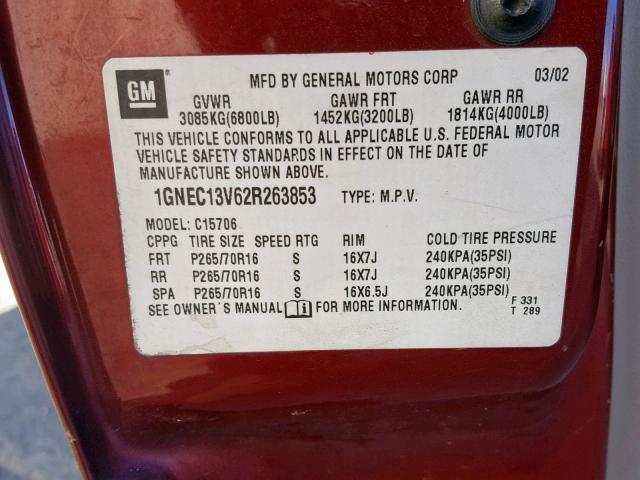 1GNEC13V62R263853 - 2002 CHEVROLET TAHOE C150 RED photo 10