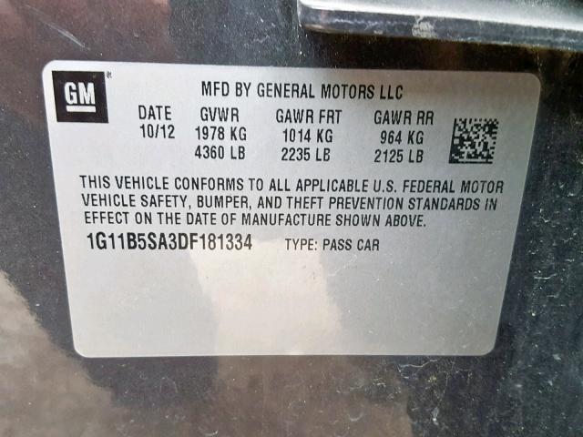 1G11B5SA3DF181334 - 2013 CHEVROLET MALIBU LS GRAY photo 10