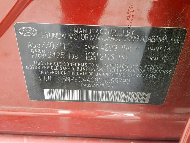 5NPEC4AC8CH365790 - 2012 HYUNDAI SONATA SE RED photo 10
