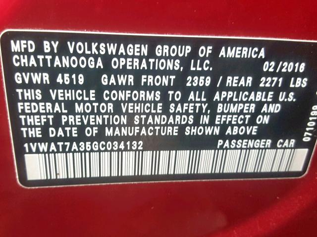 1VWAT7A35GC034132 - 2016 VOLKSWAGEN PASSAT S RED photo 10