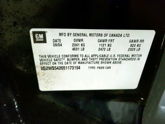 2G2WS542651173194 - 2005 PONTIAC GRAND PRIX BLACK photo 10