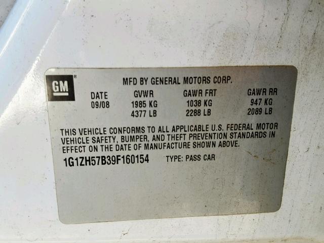 1G1ZH57B39F160154 - 2009 CHEVROLET MALIBU 1LT WHITE photo 10