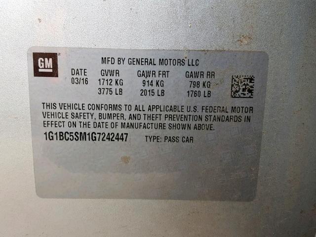 1G1BC5SM1G7242447 - 2016 CHEVROLET CRUZE LS SILVER photo 10