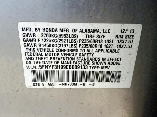 5FNYF3H99EB009133 - 2014 HONDA PILOT TOUR SILVER photo 10