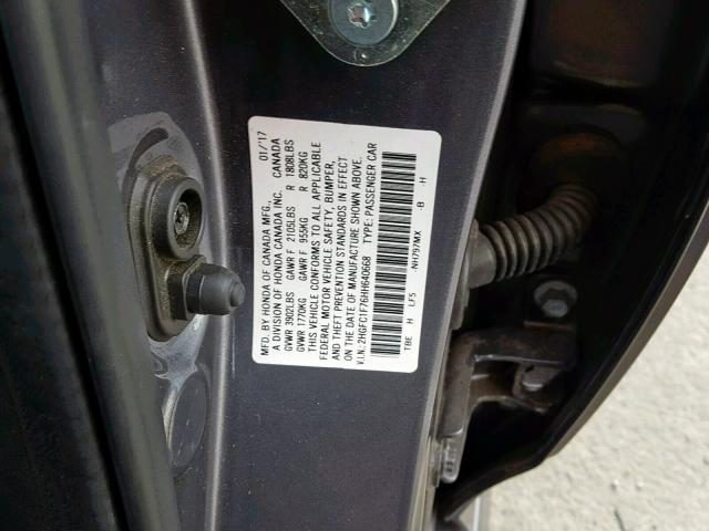 2HGFC1F76HH640668 - 2017 HONDA CIVIC EXL GRAY photo 10