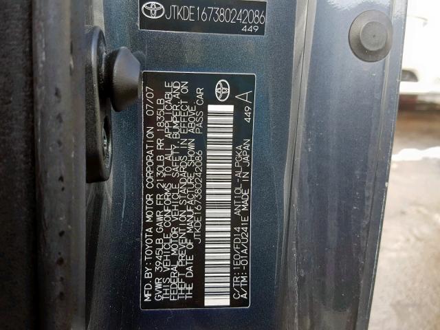 JTKDE167380242086 - 2008 TOYOTA SCION TC ნაცრისფერი ფოტო 10