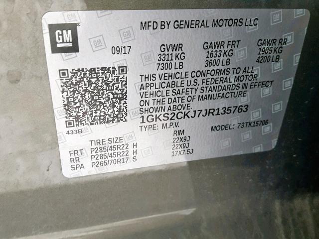 1GKS2CKJ7JR135763 - 2018 GMC YUKON DENA GRAY photo 10