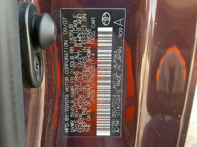 JTKDE167780251714 - 2008 TOYOTA SCION TC იასამნისფერი ფოტო 10