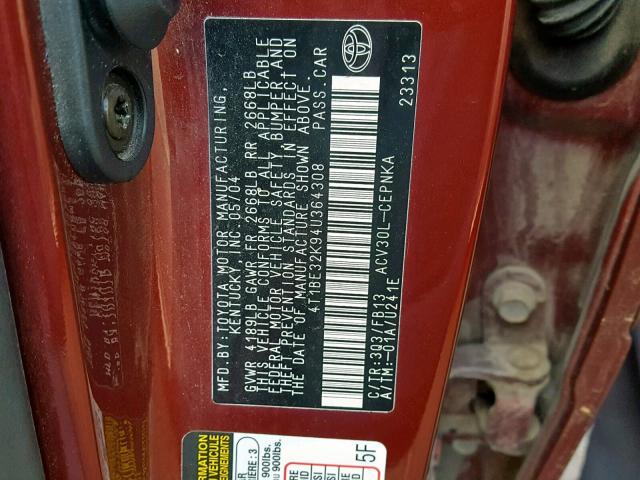 4T1BE32K94U364308 - 2004 TOYOTA CAMRY LE 勃艮第红 照片 10