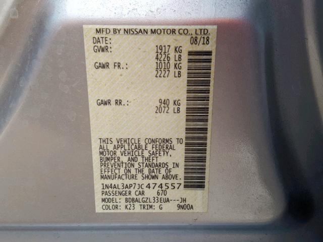 1N4AL3AP7JC474557 - 2018 NISSAN ALTIMA 2.5 SILVER photo 10