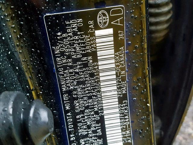 2T1BURHE3EC131549 - 2014 TOYOTA COROLLA L BLACK photo 10