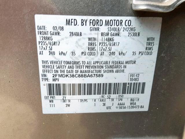 2FMDK38C88BA67589 - 2008 FORD EDGE SEL GRAY photo 10