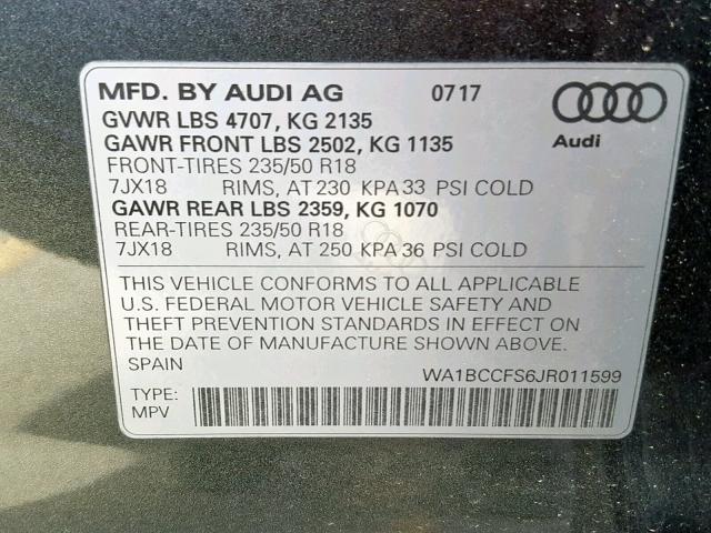 WA1BCCFS6JR011599 - 2018 AUDI Q3 PREMIUM GRAY photo 10