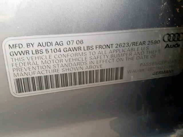 WAUAH74F27N027960 - 2007 AUDI A6 3.2 GRAY photo 10