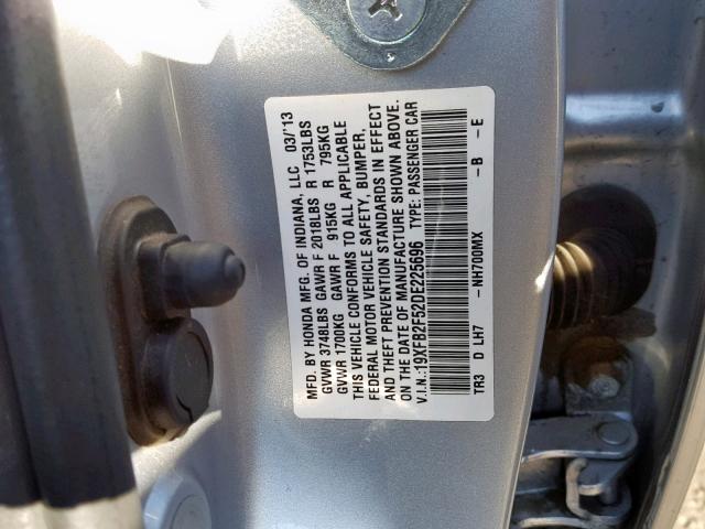 19XFB2F52DE225696 - 2013 HONDA CIVIC LX SILVER photo 10