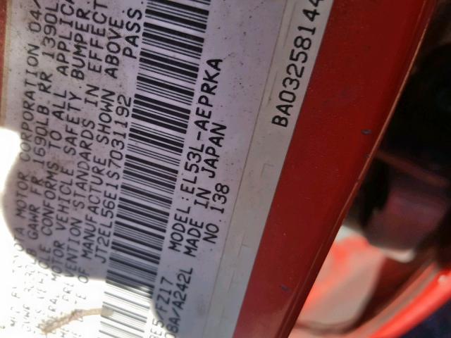 JT2EL56E1S7031192 - 1995 TOYOTA TERCEL DX RED photo 10