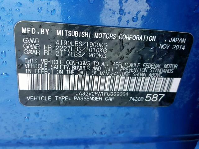 JA32V2FW1FU009064 - 2015 MITSUBISHI LANCER SE BLUE photo 10