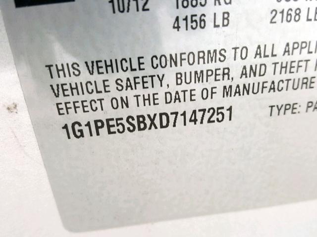 1G1PE5SBXD7147251 - 2013 CHEVROLET CRUZE LT ვერცხლისფერი ფოტო 10