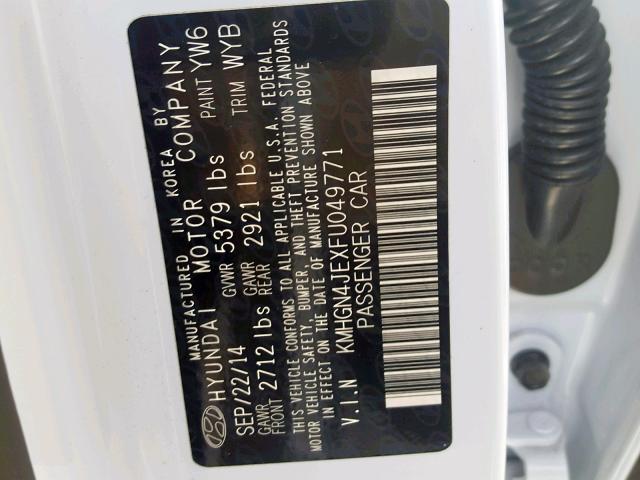 KMHGN4JEXFU049771 - 2015 HYUNDAI GENESIS 3. WHITE photo 10