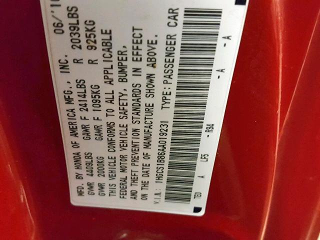 1HGCS1B86AA019231 - 2010 HONDA ACCORD EXL 红色 照片 10