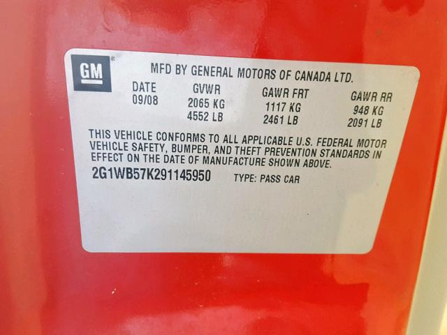 2G1WB57K291145950 - 2009 CHEVROLET IMPALA LS RED photo 10