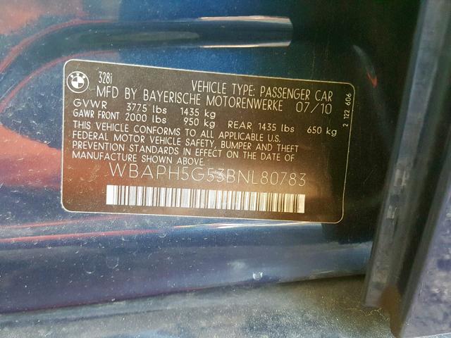 WBAPH5G53BNL80783 - 2011 BMW 328 I SULE BLUE photo 10