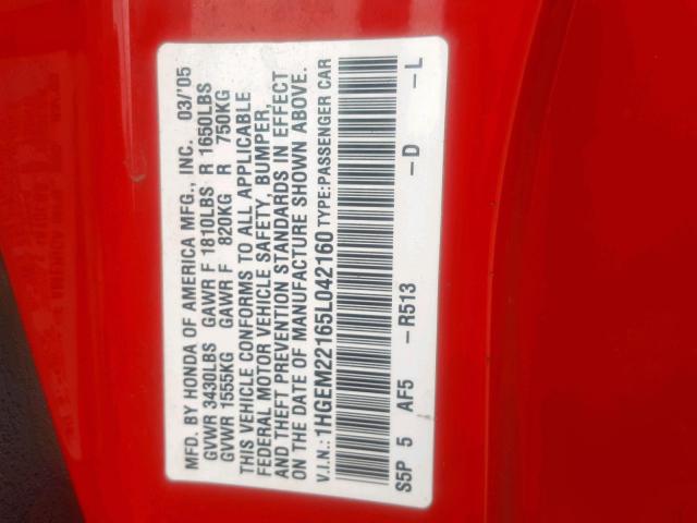 1HGEM22165L042160 - 2005 HONDA CIVIC DX V RED photo 10