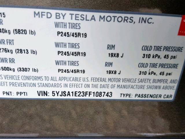 5YJSA1E23FF108743 - 2015 TESLA MODEL S GRAY photo 10