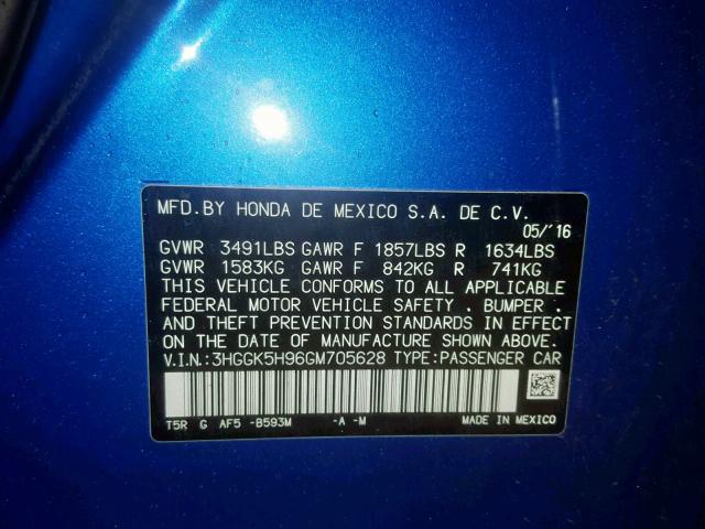 3HGGK5H96GM705628 - 2016 HONDA FIT EX BLUE photo 10