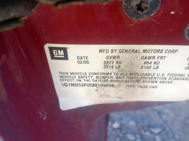 1G1ND52F05M199696 - 2005 CHEVROLET CLASSIC RED photo 10