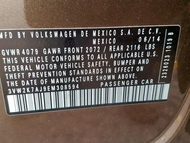 3VW2K7AJ9EM308594 - 2014 VOLKSWAGEN JETTA BASE Շագանակագույն լուսանկար 10