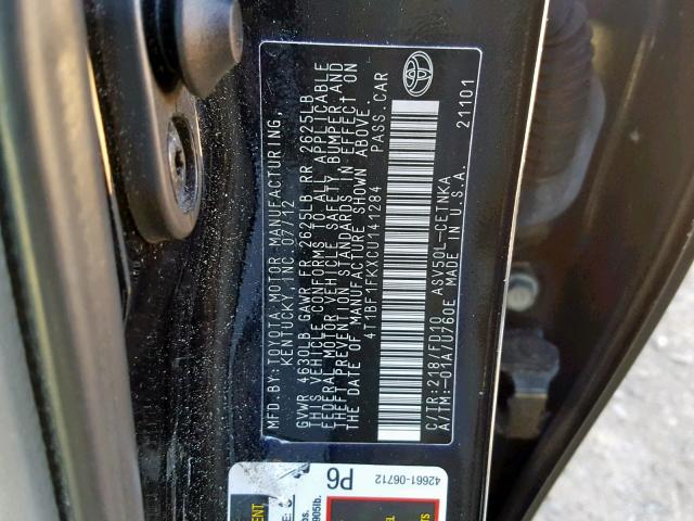 4T1BF1FKXCU141284 - 2012 TOYOTA CAMRY BASE BLACK photo 10