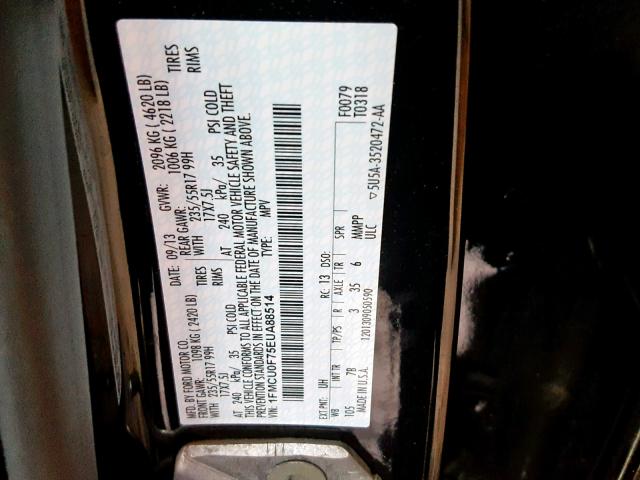 1FMCU0F75EUA88514 - 2014 FORD ESCAPE S BLACK photo 10