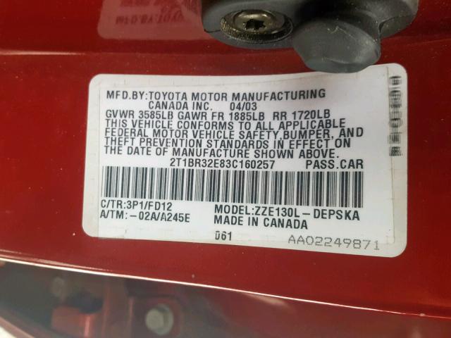 2T1BR32E83C160257 - 2003 TOYOTA COROLLA CE RED photo 10