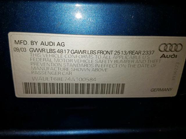 WAULT68E74A100584 - 2004 AUDI A4 3.0 QUA BLUE photo 10