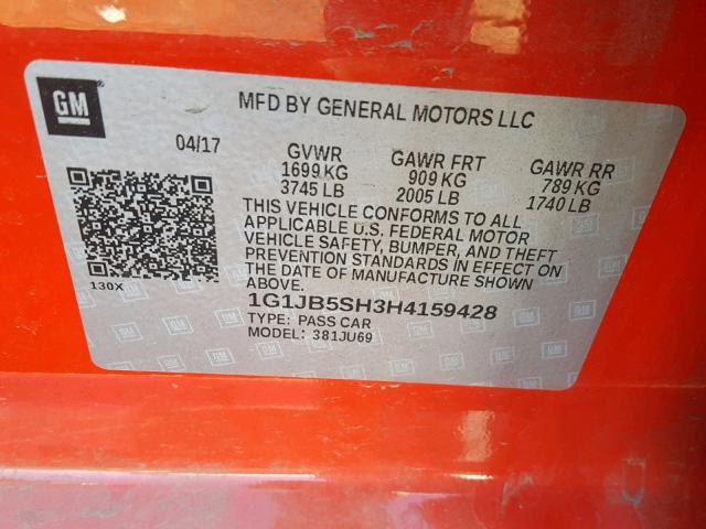 1G1JB5SH3H4159428 - 2017 CHEVROLET SONIC LS 红色 照片 10