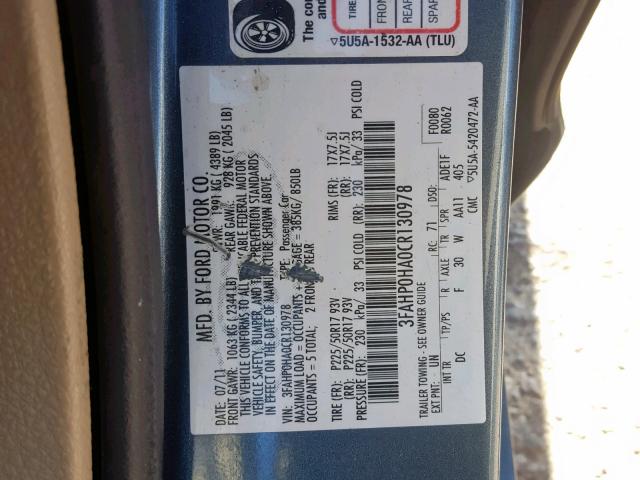 3FAHP0HA0CR130978 - 2012 FORD FUSION SE 银色 照片 10