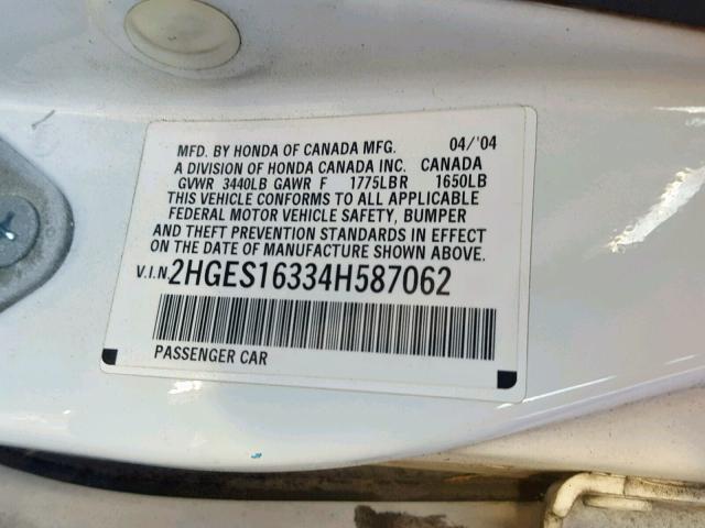 2HGES16334H587062 - 2004 HONDA CIVIC DX V WHITE photo 10