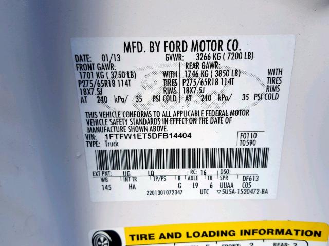 1FTFW1ET5DFB14404 - 2013 FORD F150 SUPER თეთრი ფოტო 10