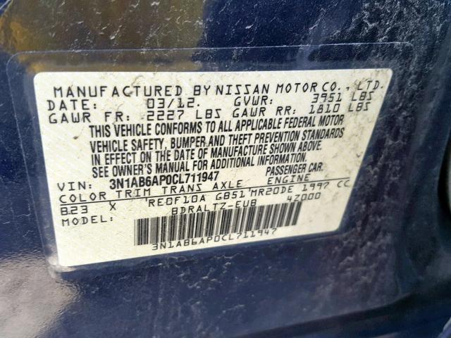 3N1AB6AP0CL711947 - 2012 NISSAN SENTRA 2.0 BLUE photo 10