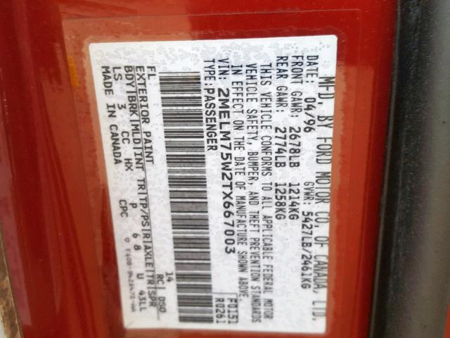 2MELM75W2TX667003 - 1996 MERCURY GRAND MARQ 红色 照片 10