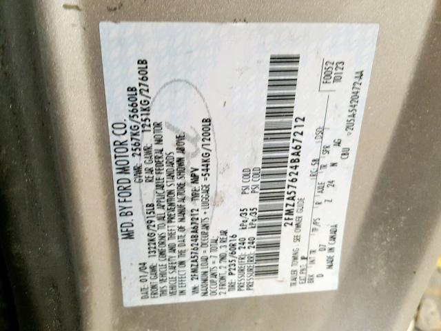 2FMZA57624BA67212 - 2004 FORD FREESTAR S GRAY photo 10