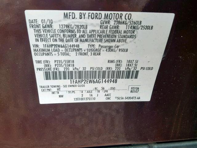 1FAHP2EW6AG144948 - 2010 FORD TAURUS SEL BROWN photo 10